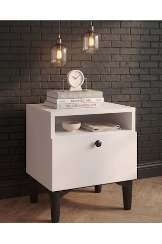 Modern Tasarım Beyaz Komodin - Tek Kapaklı Ve Açık Raflı Ayaklı Yatak Odası Komodini 40x49x32 Cm