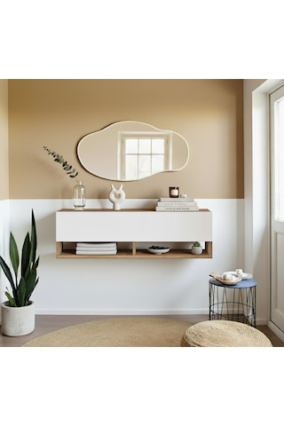 Robin Home Loft Aynalı Duvara Monte Dresuar Antre Hol 100cm Çam- Beyaz Ahşap - Beyaz