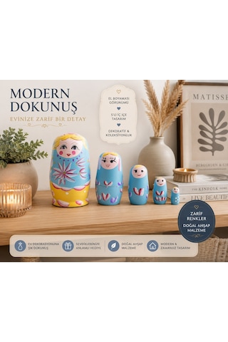 El Boyaması İç İçe Geçen Dekoratif Oyuncak 5'li Ahşap Matruşka Rus Bebek Seti Ev Dekoru Hediye Mavi Hediyelik Eşya 83280714