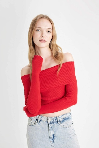 Defacto Coool Slim Fit Dar Kesim Açık Omuz Basic Düz Triko Kazak B6537AX24WNRD106 Kırmızı