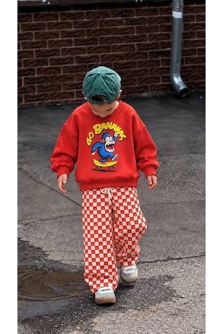 Go Bananas Baskılı Sweatshirt Muz Desenli Eşofman Kız & Erkek Çocuk 3ip Alt Üst Takım Kırmızı
