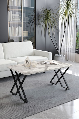 Milano Tekerlekli Orta Sehpa Siyah Metal - Beyaz Mermer Tabla