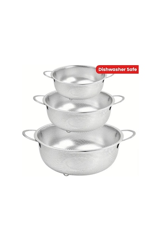 Paslanmaz Çelik Kulplu Çok Amaçlı Makarna Un Meyve Sebze 3'lü Süzgeç 25 22 19 Cm Çok Renkli