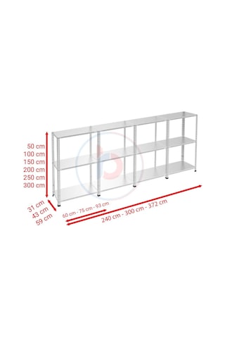 Raf Burada  3 Katlı 4'lü Galvaniz Çelik Raf - Depo, Arşiv, Kiler, Dosya, Market Rafı-31x93 cm-200 cm-1.50 mm
