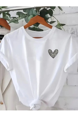 Freedom Storee Kadın Kalp Baskılı T-shirt Kısa Kol Bisiklet Yaka Oversize Rahat Kalıp Günlük Tişört - Beyaz Çok Renkli