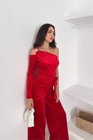 Neşeli Butik Kadın Kırmızı Kuşaklı Tek Omuz Kadife Kumaş Tulum Nbk068 Kırmızı