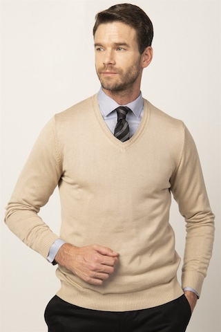 Tudors Slim Fit Dar Kesim V Yaka Pamuklu Erkek Kazak-25876 Taş