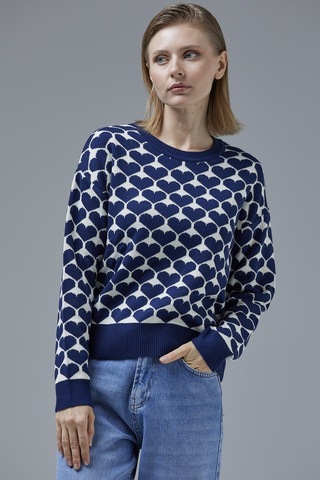 Kalp Desenli Sıfır Yaka Triko Kazak - Lacivert 001