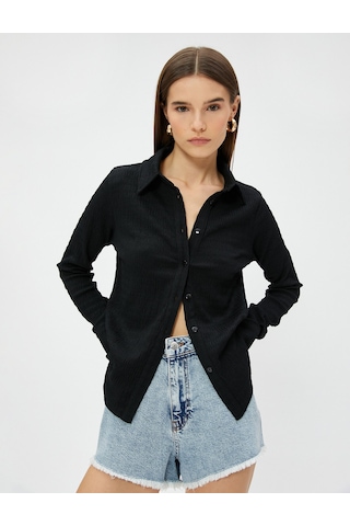 Koton Slim Fit Gömlek Uzun Kollu Bürümcük Kumaş Siyah 3sak60013ek