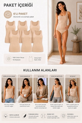 Hepsine Rakip Kadın Likralı Geniş Askılı Pamuklu Atlet 6 Lı Paket Ten