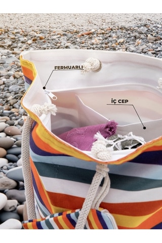 Cüzdan Hediyeli Kadın Plaj Çantası - Renkli Çok Renkli