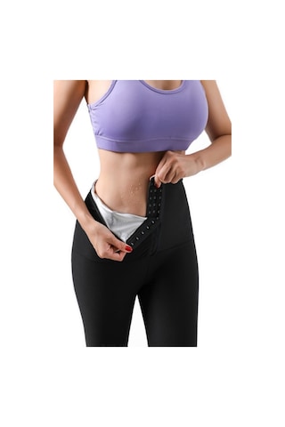 Fit Women Kadın Siyah Sauna Iki Beden Vücut Beli Agraflı Korse Tayt