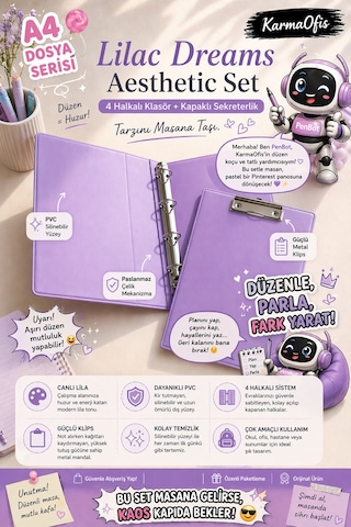 Lilac Dreams Aesthetic Kırtasiye Seti A4 4 Halkalı Klasör + Kapaklı Sekreterlik Pembe Pvc Dosya Organizer