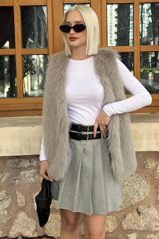 Madmext Gri Pileli İki Kemerli Kadın Etek Mg2246