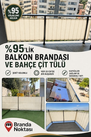 Krem Renkli Balkon Demiri Tülü %95 Gölgeleme Ve Mahremiyet Filesi - Şerit Kolonlu Kuşgözü Kapsüllü Bahçe Çiti Tülü Krem