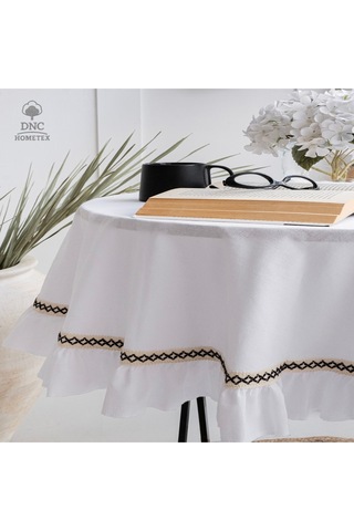 Dnc Home Tekstil Premium Keten Beyaz Fırfırlı Özel Seri Masa Örtüsü Beyaz