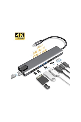 8 İn1 4K Type-C USB 3.0 Hub HDMI RJ45 SDTF Adaptörü