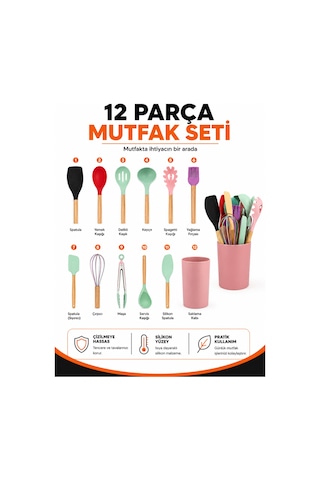 12 Parça Silikon Mutfak Gereçleri Seti Ahşap Saplı, Isıya Dayanıklı, Teflon Ve Granit Tencerelere Uygun Renkli 12 Parça Silikon Mutfak Gereçleri Seti Ahşap Saplı, Isıya Dayanıklı, Teflon Ve Granit Tencerelere Uygun Renkli