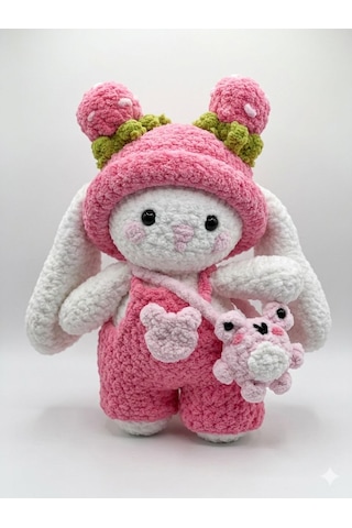 Premium El Örgüsü Sevimli Pembe Tavşan Kadife Dokulu Amigurumi Bebek Ve Hediye Oyuncak Beyaz - Pembe