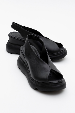 Luvishoes Sam Siyah Cilt Hakiki Deri Kadın Dolgu Topuk Sandalet Siyah Deri