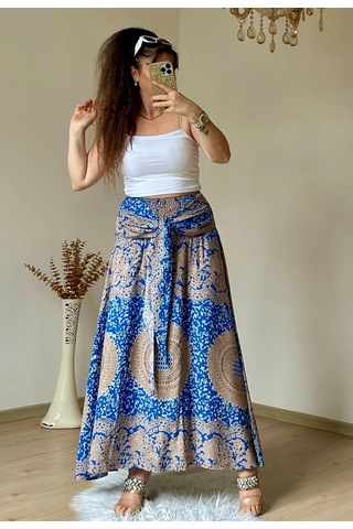 Azra Butik Otantik Desenli Etek Mavi