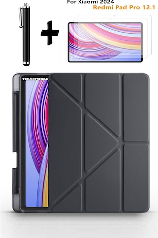 Xiaomi Redmi Pad Pro 12.1 Uyumlu Kalem Bölmeli Standlı Kılıf + Ekran Koruyucu + Kalem 3'lü Set Kılıf