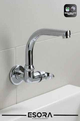 Duvardan Tek Su Çıkışlı Balık Sırtı Oynar Borulu Lavabo Musluk Bataryası Çeşmesi Krom