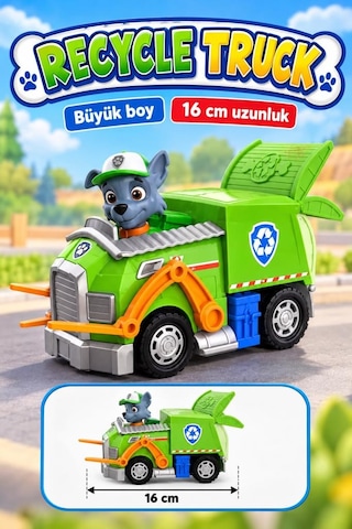 Paw-petrol Sevimli Rocky Figür Büyük Boy Geri Dönüşüm Kamyonu Ve Figürlü Oyuncak Araç 16 Cm