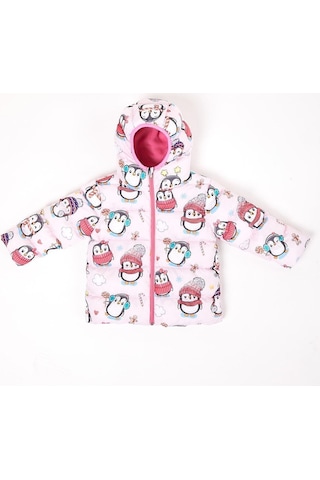 Spor Kız Çocuk Polarlı Kürklü Kapüşonlu Penguen Şeker Desenli Şişme Mont Parka-103 Pembe