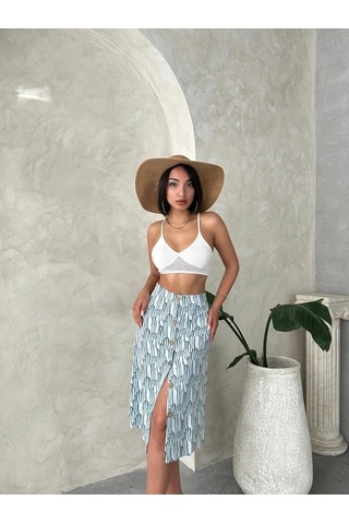 Desenli Düğmeli Etek Beyaz