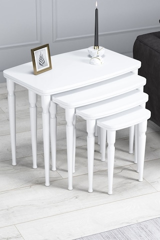 Imaj Mdf Ve Lake Boya, Beyaz 4lü Zigon Sehpa Takımı, Beyaz Gürgen Ayaklar Sehpalar Beyaz Ayaklar Beyaz