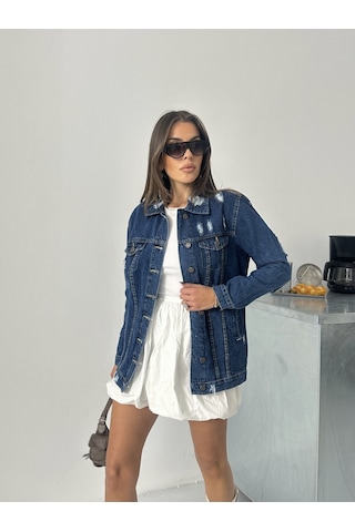 Blue Marlin Kadın Lacivert Lazer Yirtik Detayli Boyfriend Kot Ceket Lacivert