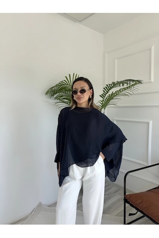 Keymoda Kadın Uçuşan Pelerin Bluz Koyu Lacivert