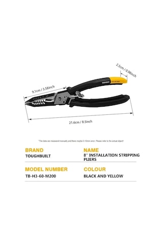 Xuweiwei Toughbuılt Pense 20 Cm Cok Fonksiyonlu Elektrik Montaj Soyma Pensesi Siyah Sari Kaymaz Sapli Tb 360 M200