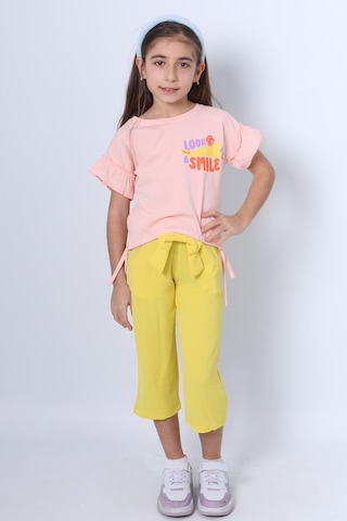 Kız Çocuk İkili Takım Sırt Baskılı Püsküllü Kolları Fıfırlı F20 Pembe