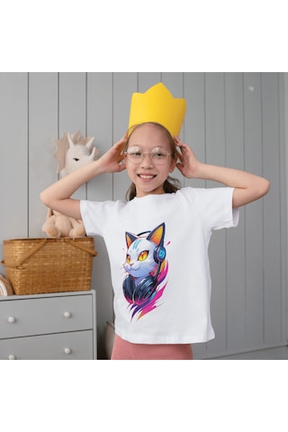 Alpşan Ticaret Kedi Baskılı Tişört Yetişkin Beyaz T-shirt Cat Unisex Çocuk Tişört Beyaz