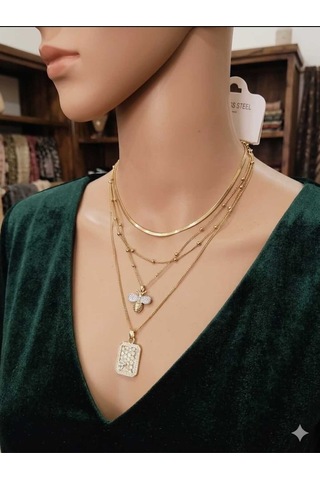 316l Paslanmaz Çelik Gold Arı Kolye - Kararmaz Üçlü Kombin Kolye Seti Altın