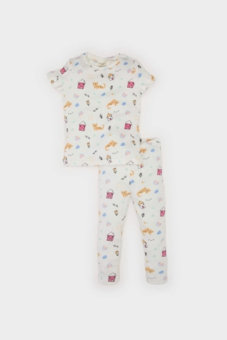 Defacto Pijama Takımı Desenli Kısa Kollu Fitilli Kaşkorse Üst Beli Lastikli Uzun Alt Kız Bebek E1540A525SM Ekru