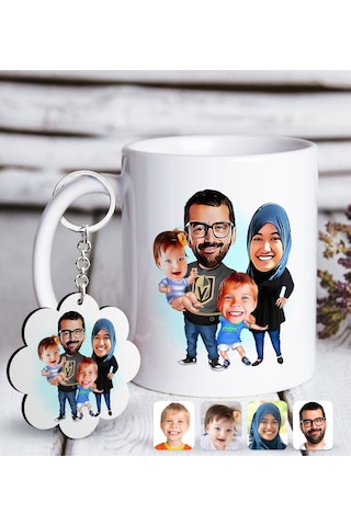 Kişiye Özel Tesettürlü Aile Karikatürlü Beyaz Kupa Ve Anahtarlık N11.835