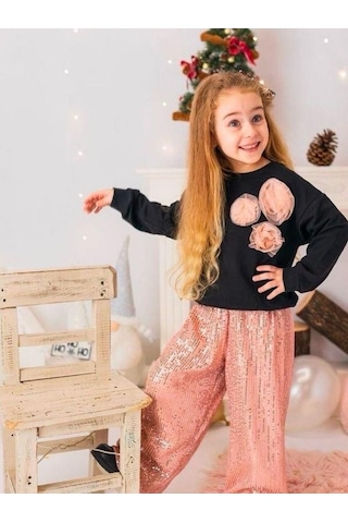 Çikoby Kız Çocuk Sweati Gül Detaylı Pul Payet Pantolonlu Takım-14881 Siyah