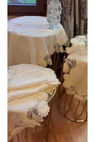 Gri Çeyizlik Flowers Model 5 Parça Keten Dantelli Runner Seti Salon Takımı Çok Renkli