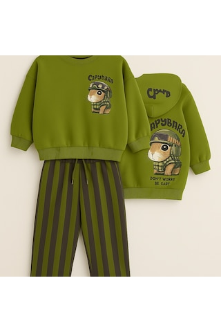 Kız Çocuk Capybara Desen Yeşil Renk Sweatshirt Çizgili Jogger Alt Üst Takım Yeşil