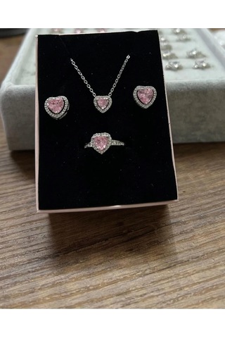Byantep Pembe Kalpli Kolye +küpe+ Yüzük Set Gri Byantep Pembe Kalpli Kolye +küpe+ Yüzük Set Gri