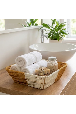 Go İthalat Kare Çift Renkli Plastik Rattan Ekmek Ve Meyve Sepeti - Çok Amaçlı Banyo Ve Mutfak Düzenl Bej - Beyaz