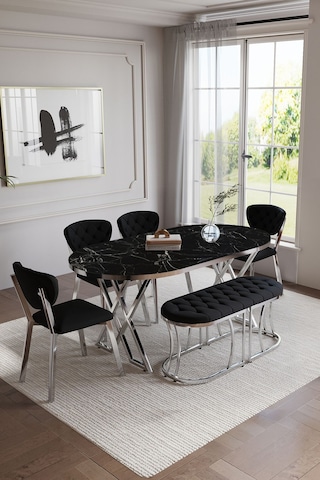 Mutfak Masası Takımı 6 Kişilik Masa Takımı Elma Avangarde Yemek Masa Takımı Benchli Gümüş