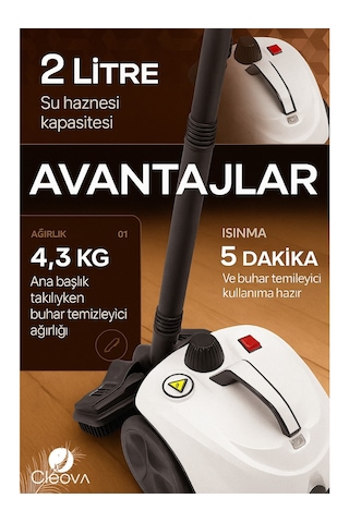 Cleova CLV-4041 2000 W Çok Fonksiyonlu 26 Parça Buharlı Temizleyici Paspas - Buharlı Temizlik Makinası
