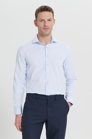 AC&Co / Altınyıldız Classics Erkek Mavi Kolay Ütülenebilir Slim Fit Dar Kesim İtalyan Yaka Armürlü Gömlek Mavi