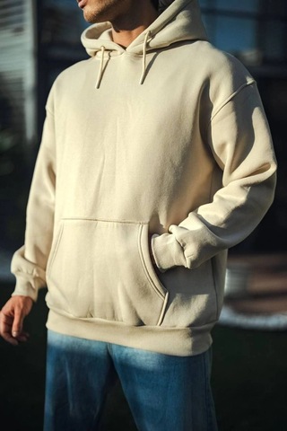 Barlashive Kadın 3 İplik Pamuklu Kapüşonlu Kanguru Cepli Oversize Hoodie Sweatshirt - Bej Çok Renkli