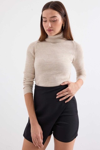 Onno Style Women Fitilli Balıkcı Yaka Basic Kazak Bej
