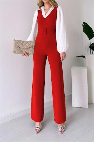 Kadın Kemerli Kol Ve Yaka Detaylı Tulum Dpnbk2063 Kırmızı